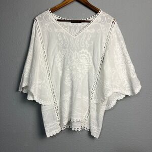 Spiaggia Dolce White‎ Med Embroidered Cotton Tunic Top Boho Hippie Cottagecore